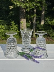 4 Vintage Fostoria American Clear Footed 4 oz Juice Glasses 4-3/4″ Tall, Cubist
