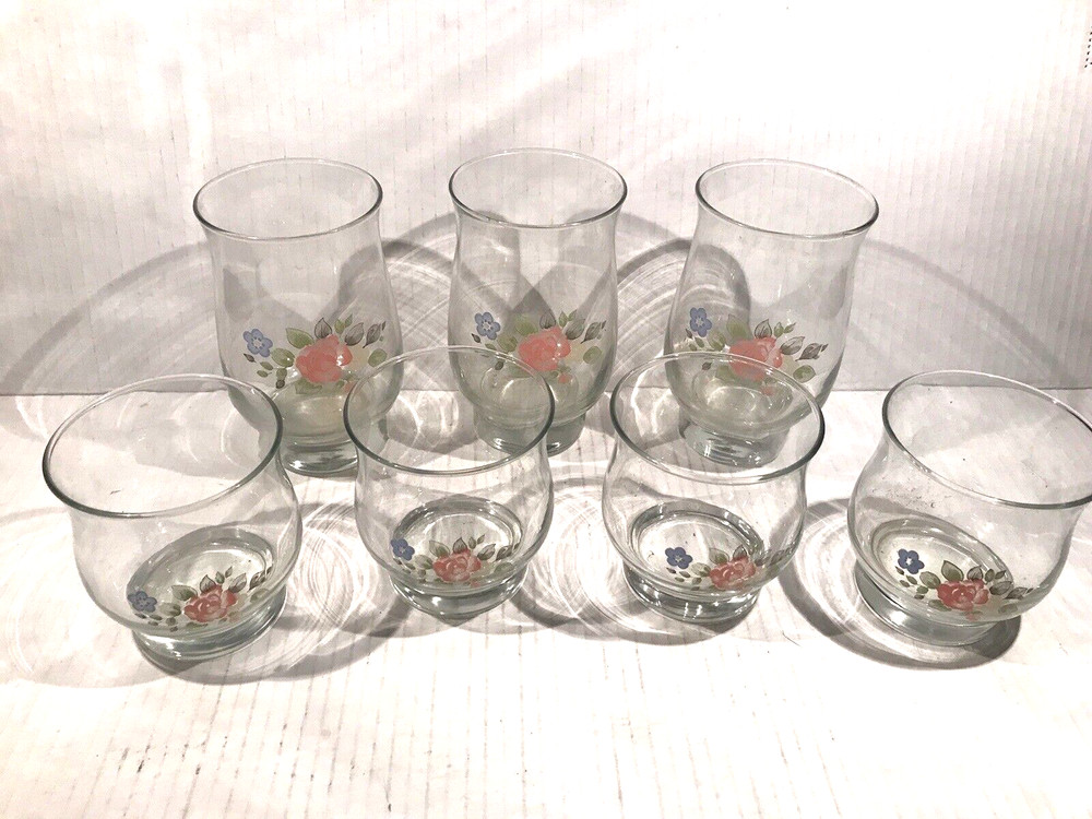 Tea Rose Glass Tumblers 8 OZ & 14 OZ Tulip Style Libbey Pfaltzgraff Set Of 7
