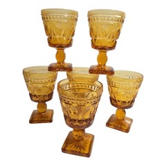 MCM Indiana Colony Glass PARK LANE Amber Square Foot 4.5″ Wine Glasses Set of 6