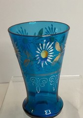 Victorian Era Pressed Glass Peacock Blue Reverse Panel Handpainted Water Tumbler
