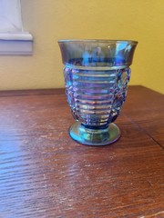 Vintage Windsor Button & Cane Iridescent Blue Carnival Glass Tumbler Geometric