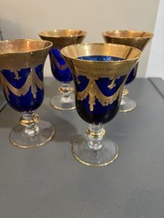 VTG Horchow Italian Cobalt Blue Crystal 4 Wine Water Goblets 6.25″ 24K Gold Trim