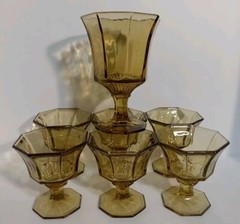 Set Of 6 Independence Octagonal Amber 4″ T 3.5″ D Glasses & One 6″ T 4″ D Goblet