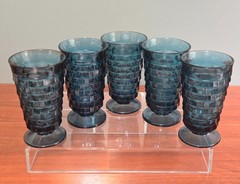 Set of 5 Vintage Indiana Colony Whitehall Riviera Blue 6″ Tumbler Glasses Cubist