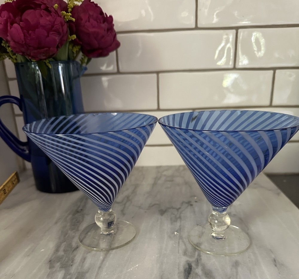 Vintage 2 PIER MARTINI COBALT BLUE White Swirl LINES CLEAR BALL STEMS 5”T