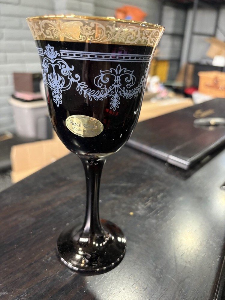 Real Gold Italian Etched Wine Glasses Purple with Gold Rim Set Of 6