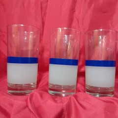 VTG set of 3 Libbey Glasses frosted w/blue cobalt stripe 5.5 inch tall 2.75…