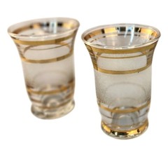 Mid-Century Modern Set Of 2 Frosted Glasses With Gold Stripes 3.25″ Tall x 2.25″