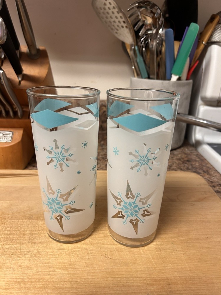 2 MCM Atomic Age Snowflake Teal Blue/White Drinking Glass 6 ½ in Anchor Hocking