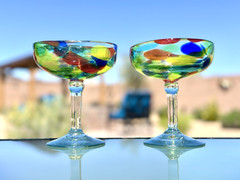 Vintage Mexican Confetti Margarita Glasses Set 2 Hand Blown Art Glass Barware