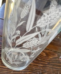 Large 6.5” Vintage Clear Glass Cup Vase – White Wheat W/ Greek Gold Around Top