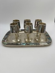 Vintage Mid Century Alpaca Silver & Abalone Shell Cordial/Shot Set Mexico MCM