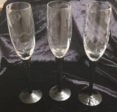 3 Black Stem Champagne Flutes Wine Glasses Vintage 8 1/2” Gothic Witchy Romantic