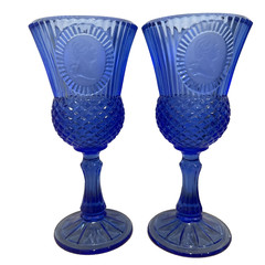 Fostoria Avon Cobalt Blue Glass George Martha Washington Set of 2 Goblets 8″