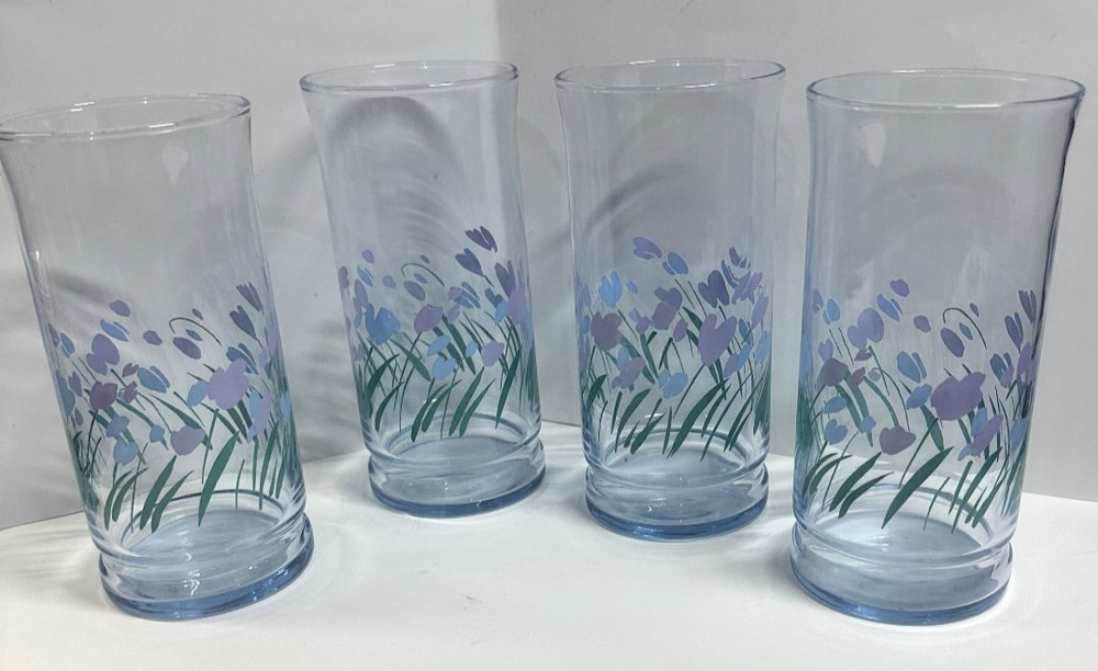 Vtg Libbey Collette Springtime Tulip Drinking Glass Set of 4 Flowers Glass 6″