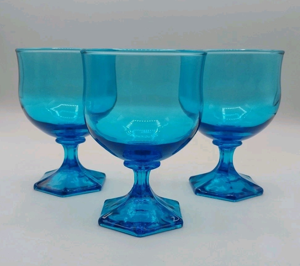Vintage MCM Anchor Hocking Flair Laser Blue Footed Wine Goblets Set Of 3