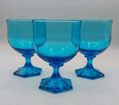 Vintage MCM Anchor Hocking Flair Laser Blue Footed Wine Goblets Set Of 3
