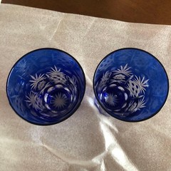 Edo Kiriko Cut Glass Serving Plate and Glass Set Cobalt Blue Japan
