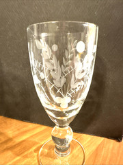 Vintage 1947, Gray Cut Floral & Dot Design, Juice Glass, 5 1/2″ Knob Stem