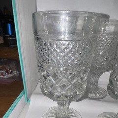 Clear Pressed Glass Goblets Diamond Pattern Round Stemware Set of 4