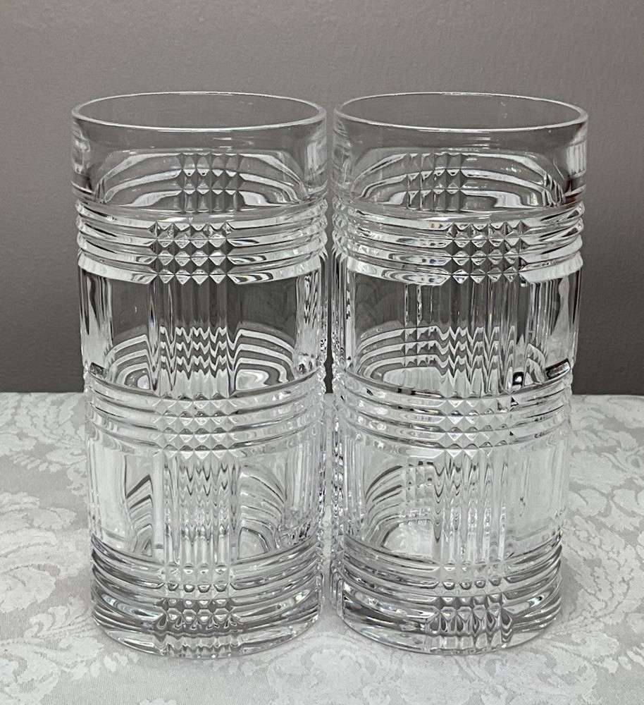 Set 2 Ralph Lauren GLEN PLAID Crystal Highball Glasses 14 oz. Tumblers 6.25″