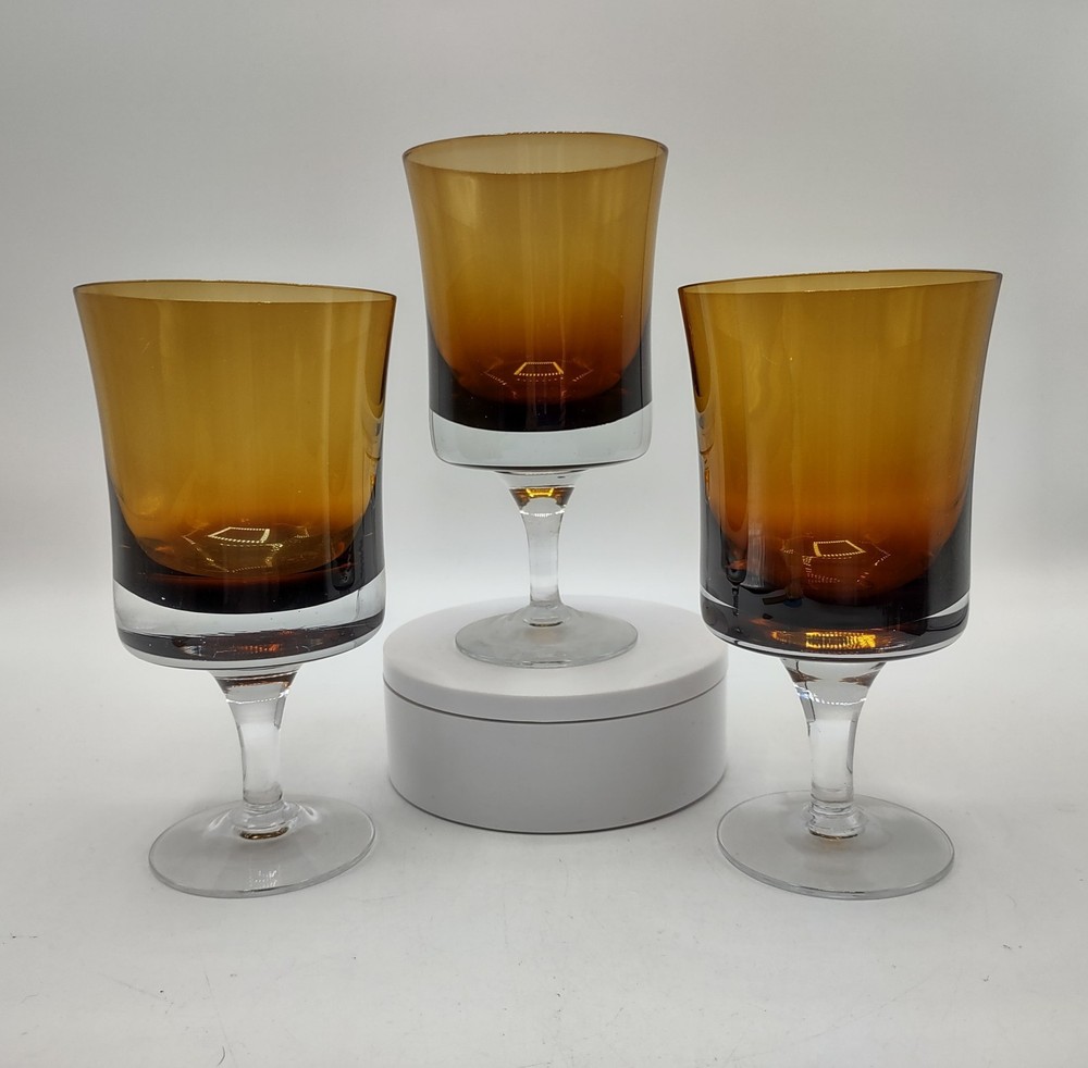3 Denby Mirage Swedish Amber Glass Water Goblets Stemware Bo Borgstrom MCM 1970s