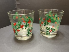 Set of 2 Vintage MCM Christmas Libbey Holly & Berries Glasses Old Fashioned