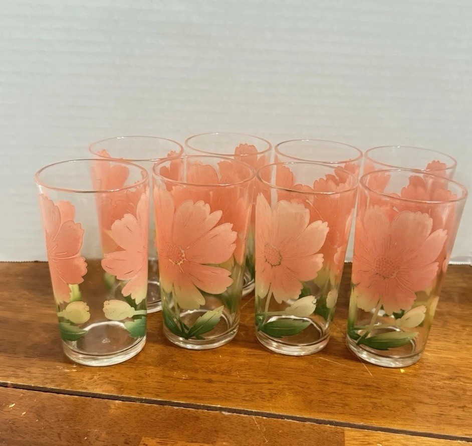 8 Federal Glass Coral Daisy Tumblers 4.75″ X 2.5″ MCM Lunch/Brunch /Juice