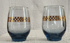 2 VTG MCM Libbey Roly Poly Gold check Purina? 8 oz tumblers blue gray base NF