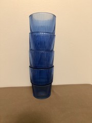 Blue Ribbed Glass Tumbler Glasses Set of 4 Round 3.5in x 4.25in
