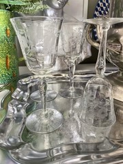 Set of 4 Floral Etched Cut Cordial Stem Glasses 2oz Aperitif Liquor Vintage Set