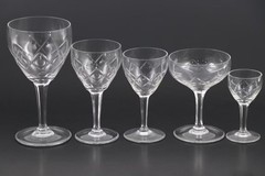 Val St Lambert- 3 Coupes & 4 cordials, arches & exes 6-sided stem