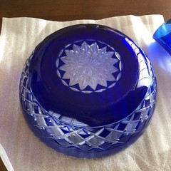 Edo Kiriko Cut Glass Serving Plate and Glass Set Cobalt Blue Japan