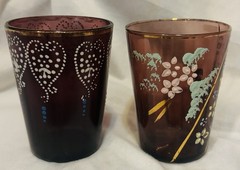 Pair Of Victorian Beaumont Amethyst Enamel Decorated Optic Glass Tumblers 4”H