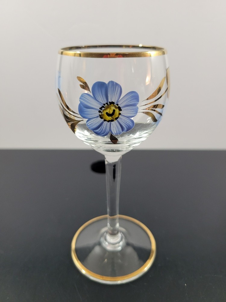 Vintage Clear Stem Cordial Glass Hand Painted Blue Floral Gold Trim 5 1/2″
