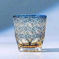 Japanese Hand Cut To Clear Crystal Whiskey Glasses Blue/Green 9oz Drinkware
