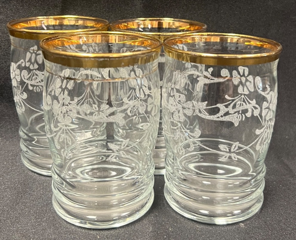 Set Of 4 Vintage Macbeth Evans Coralene Pattern Glass Tumblers W/Metallic Trim