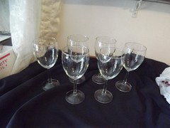 6 vtg CLEAR GLASS WINE GLASSES beveled stems 7″ tall