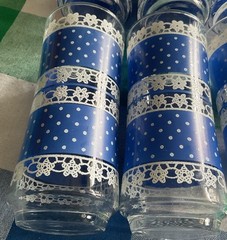 6 Vintage Anchor Hocking Tall Drinking Glasses Blue & White Polka Dots & Lace