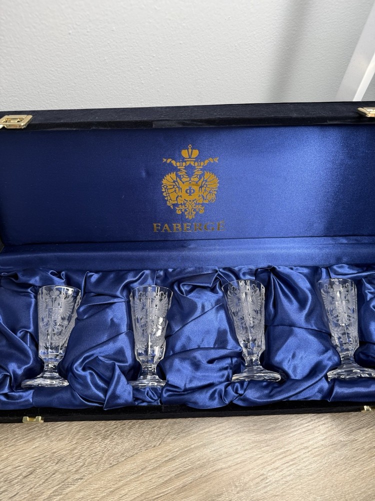 Fabergé Imperial Crystal Vodka Glass 4 Piece Set Romanov Eagle w/ Box COA