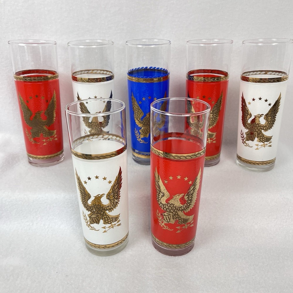 Set of 7 Libbey Bicentennial American Eagle Tom Collins Barware Glasses