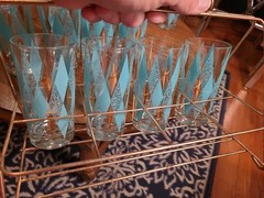 Vintage Hazel Atlas Teal Diamond Harlequin Glasses Set of 8 Caddy Plus 2 Spares