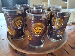 Vintage MCM 6 Libbey Glasses African Safari Tumblers Textured Brown Animals