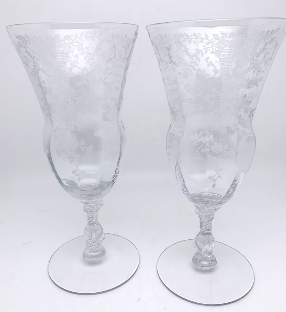 Set of 2 Cambridge Glass Etched Portia Clear Stemmed ICED TEA GOBLETS 7-1/2″H