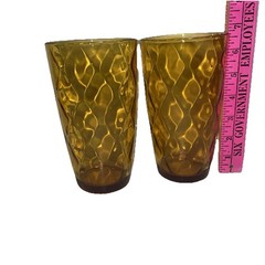 2 MCM 24oz Diamond Pattern Gold Beverage Glasses Tumblers Hazel Atlas 6.5”