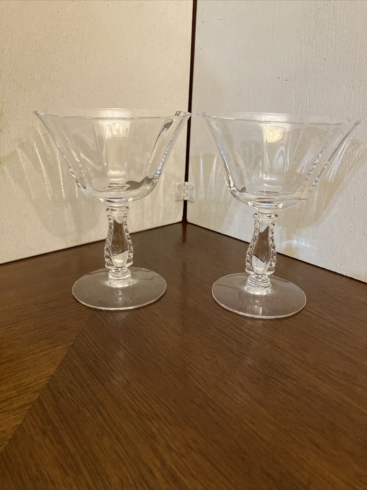 Fostoria Glass Clear Silver Flutes Low Sherbet Pair Vintage Signed 4 7/8” Tall