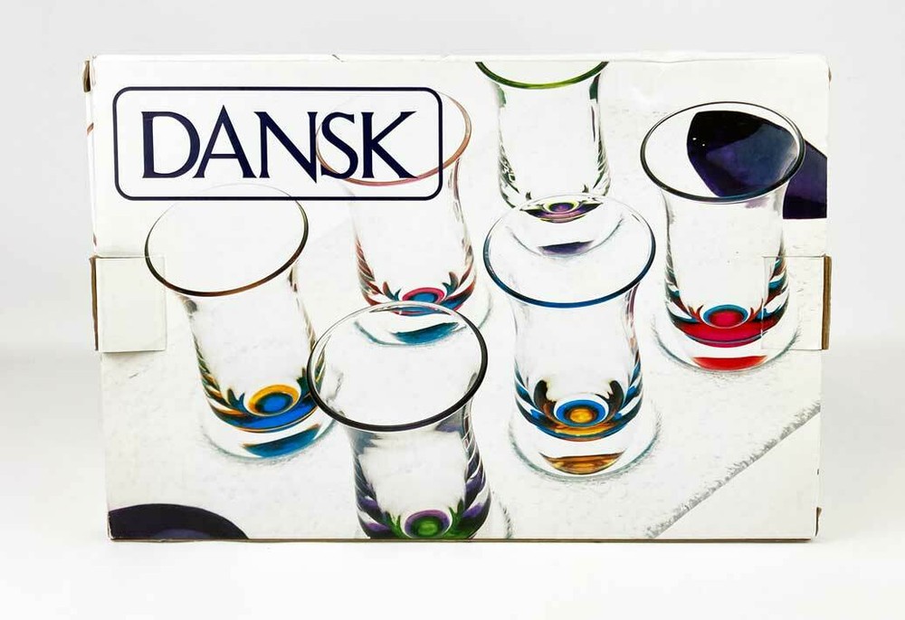 Dansk Spectra Cordial Set With Glass Tray Assorted Set 6 1.5 oz Each New In Box!