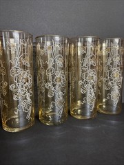 Vtg MCM Barware Highball Glasses Amber 22k Gold Accent Set Of 4