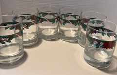 6 LIBBEY Tienshan Deck The Halls POINSETTIA Double Old Fashioned Glasses 12 Oz