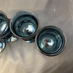Indiana Glass Water Goblets Teal Blue King’s Crown Thumbprint Stemmed 5.5″ set 4